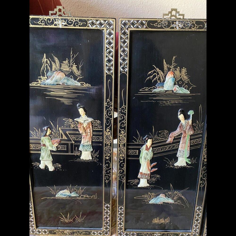 👸🏼💰4 Vintage Black Lacquer Chinese Vietnamese Wall Art Jade